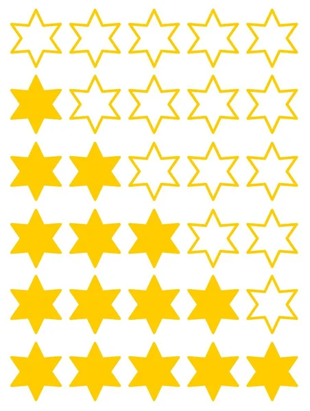 Yıldız derecelendirme simgeleri. Birle beş arası sarı yıldız. Beş yıldız ikonu, derecelendirme konsepti.