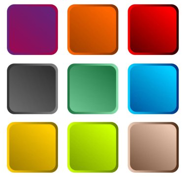 Boş renkli düğmelerin koleksiyonu. Metinsiz renkli kare düğmeler.