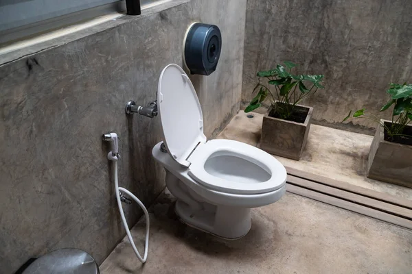 Seramik beyaz klozet gri duvarın yanında, yan ışık modern banyoda.