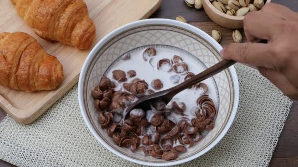 Vista Superior Alta Taxa Quadros Movimento Lento Mão Mexendo Cereal — Vídeo de Stock