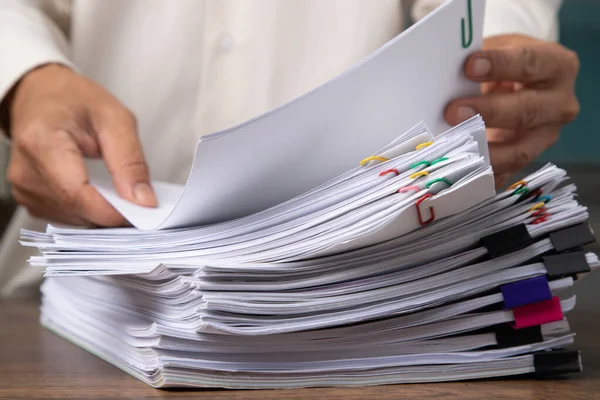 Business Man Hand Pick Stack Overload Document Report Paper Colorful — Stock Photo, Image