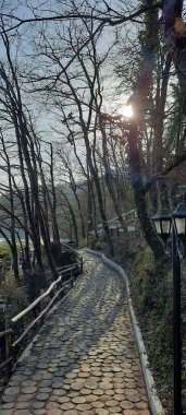 İstanbul, Türkiye - 12 Şubat 2022: Sile, Akdeniz 'de bir göl Sakligol olarak bilinir, göl kenarına doğru yürür, ormanın içinde esrarengiz anlar, gezginler görünümü.