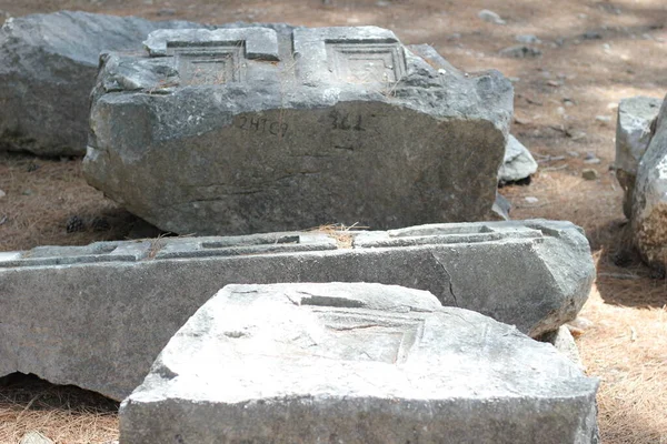 Antalya, Türkiye - Eylül 05 2020: Antalya Phaselis Antik Kenti. Eski harabeler manzara, taşlar ve sütunlar.  