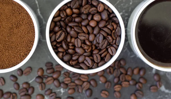 Top View Close Coffees Brewed Ground Roasted Coffee Mugs Together — Stock Photo, Image