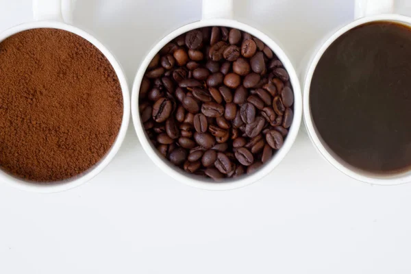 Top View Close Coffees Brewed Ground Roasted Coffee Mugs Together — Stock Photo, Image