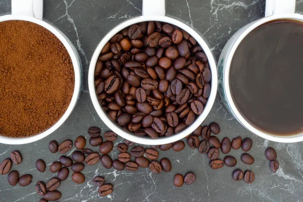 Top View Close Coffees Brewed Ground Roasted Coffee Mugs Together — Stock Photo, Image