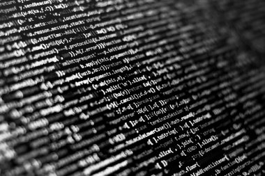 Siyah ve beyaz kod dokusu arka planı. Soyut Web programlama kodlaması