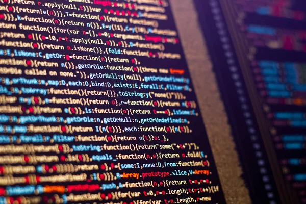 Webbmjukvaruutvecklare Gör Javascript Kodning Abstrakt Kod Bakgrund Selektiv Fokuskod Datorskärmen — Stockfoto