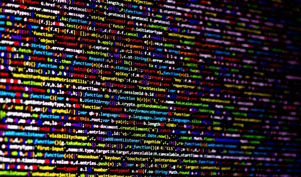 Renkli Kod Arka Planı Bilgisayar Ekranında Sıkıştırılmış Javascript Kodu Yazılım — Stok fotoğraf