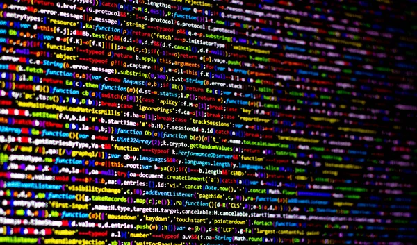 Bunter Code Hintergrund Komprimierter Javascript Code Auf Dem Computerbildschirm Programmierbildschirm — Stockfoto