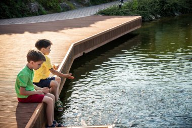 İki çocuk açık şeffaf gölde yaban ördeklerini ve küçük balık sürülerini besliyor. Erkek kardeşler en iyi arkadaşlardır. Yaz tatili arkadaşlık kavramı.