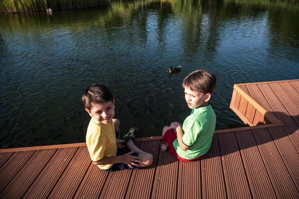 Dos Niños Alimentan Los Patos Salvajes Bancos Peces Pequeños Lago — Foto de Stock