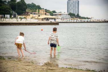 İki kardeş kardeş, deniz kıyısına doğru alçak gelgitte sahili keşfediyorlar. Arkadaşlık mutlu çocukluk konsepti.
