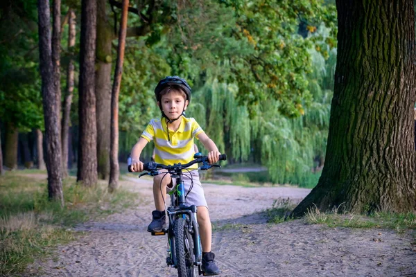 Portret Szczęśliwego Synka Jeżdżącego Rowerze Kaskiem Jeździ Małego Wzgórza Przez — Zdjęcie stockowe