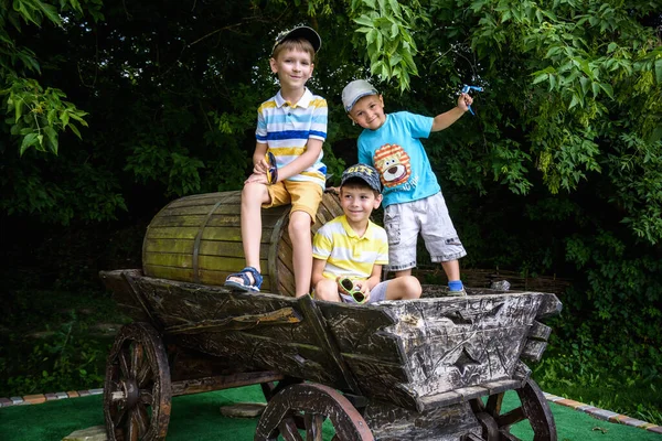 Niños Divirtiéndose Granja Niños Felices Sientan Carro Campo — Foto de Stock