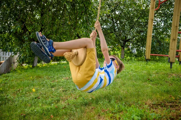 Happy Little Boy Having Fun Rope Swing Which Has Found — Stock Photo, Image
