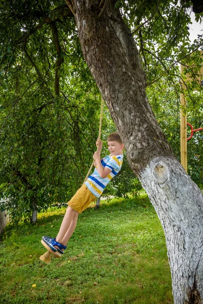 Happy Little Boy Having Fun Rope Swing Which Has Found — Stock Photo, Image
