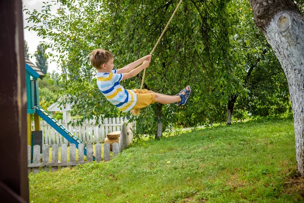 Niño Feliz Divierte Columpio Cuerda Que Encontrado Mientras Descansa Fuera —  Fotos de Stock