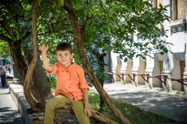 Beyaz bir çocuk parlak günlük kıyafetlerle ağaçta oturuyor. Şehirde yaz yürüyüşü. Turizm ve seyahat kavramı.