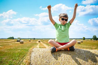 Küçük çocuk, elleri yukarıda, samanlıkta rahat bir şekilde oturuyor. Mavi gökyüzünün altında hasattan sonra yuvarlak balyalarla dolu bir tarla. Büyük yuvarlak saman balyaları, demetler, saman yığınları.