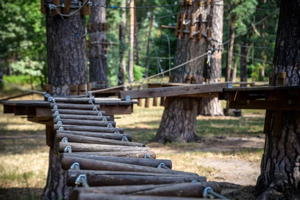 Wysokie Liny Doświadczają Przygodowego Parku Drzew Szlak Drzewach Park Linowy — Zdjęcie stockowe