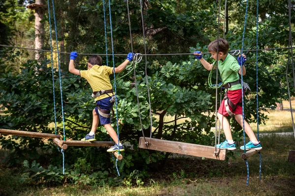 Two Strong Excited Young Friends Playing Outdoors Rope Park Caucasian — Stock Photo, Image