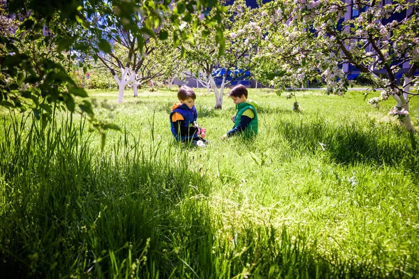 Діти Великдень Полюють Квітучому Весняному Саду Діти Шукають Барвисті Яйця — стокове фото