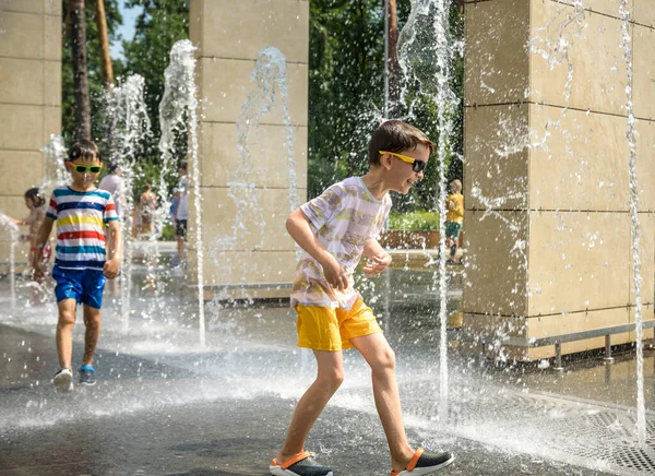 Boy Having Fun Water Fountains Child Playing City Fountain Hot — Stock Fotó
