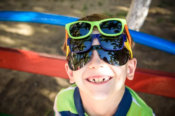 Portrait Cheerful Boy Child Several Sunglasses Outdoors Beauty Summer Casual — Stock Photo, Image
