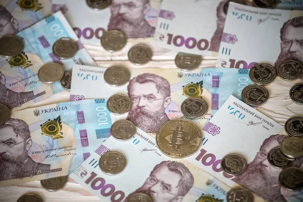 Bitcoin Ukrainian Hryvnia Currency Close — Stock Photo, Image