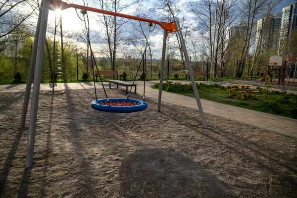 Swing Seat Made Mesh Playground Empty Blue Red Rope Web — Stockfoto