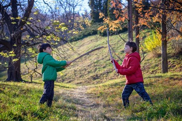 Two brothers fight with sticks. The child screams with his mouth wide open. Dangerous children\'s games. Walking outside in the village. Rural guys emotionally express their feelings.