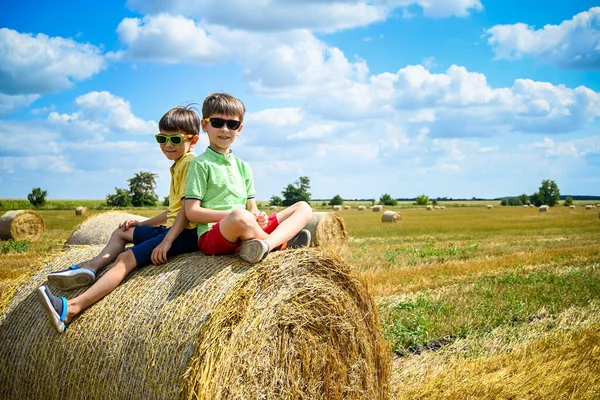 Two Little Brother Boys Sits Haystack Relaxed Field Bales Harvest — Stock Photo, Image