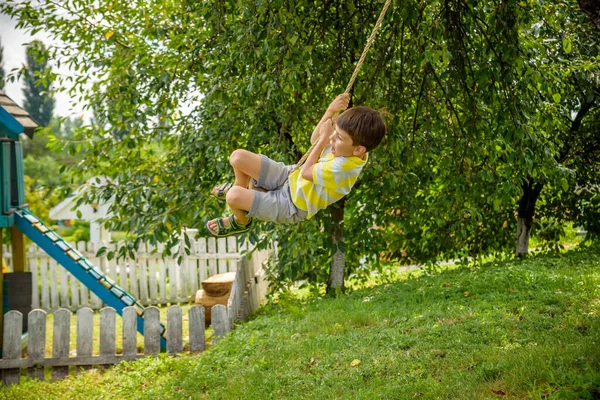 Niño Feliz Divierte Columpio Cuerda Que Encontrado Mientras Descansa Fuera —  Fotos de Stock