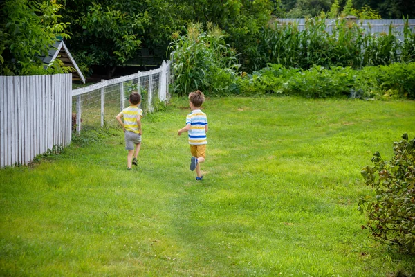 Two Boys Running Summer Domestic Garden Village Outdoor Friendship Leisure — Stock Photo, Image