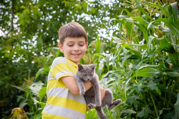 Funny boy hugging a cat with lots of love. Portrait of child holding on hands a Kitten. Playing with a cat on village countryside.