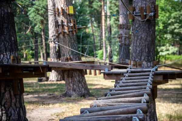 Wysokie Liny Doświadczają Przygodowego Parku Drzew Szlak Drzewach Park Linowy — Zdjęcie stockowe