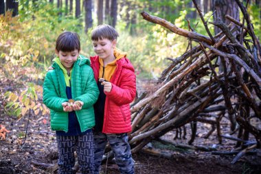 Bahar ya da sonbahar çam ormanlarında oynayan iki kardeş kardeş bir kulübe inşa etmişler. Çocuklarla vakit geçirmek için..