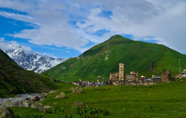 Dağ zirvesi. Dağ manzarası. Dağlarda yaz. dağ nehri. Yeşil tepeler. Yeşil vadi. Dağ köyü. svan kuleleri