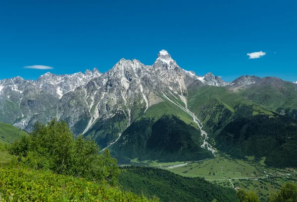 Dağ zirvesi. Dağ manzarası. Dağlarda yaz. dağ nehri. Yeşil tepeler. Yeşil vadi. Dağ köyü. svan kuleleri