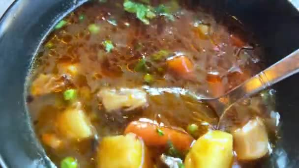 Sopa con champiñones porcini Cocina transcarpática verduras y lingotes Me mezclo con una cuchara va vapor y aroma — Vídeos de Stock