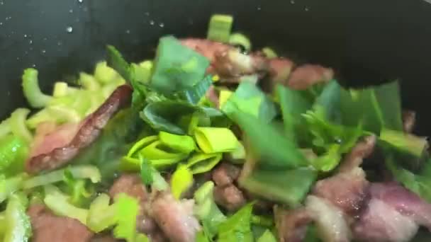Asian cuisine vietnamese hot salad sao the whole exact cooking process from slicing to frying celery leeks pork or beef and cilantro it is very tasty all this cuts with a knife sip and interfere with — Stock Video