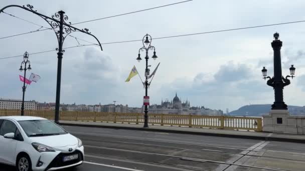 Danube Fleuve avec un navire dans la soirée vole beaucoup de corbeaux et de pigeons dans le pont de distance dans la soirée très beau tout en bleu 03.04.22 Danube Hongrie — Video