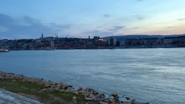 Río Danubio con un barco en la noche vuela una gran cantidad de cuervos y palomas en el puente de distancia en la noche muy hermoso todo en azul 03.04.22 Danubio Hungría — Vídeos de Stock