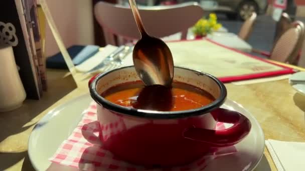 Sopa tradicional húngara de gulash en Hermoso restaurante con flores y manteles rojos — Vídeo de stock