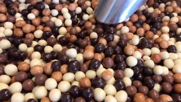 Různé ořechy v čokoládové bonbóny na pultu jsou rozloženy všechny barvy duhy, stejně jako sliny teče z želé figurky těstoviny a čokolády. — Stock video