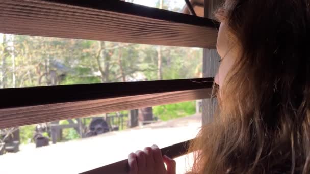 Teenage dívka se dívá přes dřevěné žaluzie na přírodu má blond vlasy — Stock video