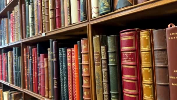 天井にちょうどラックの上に厚いシックな結合スタンドで図書館ストア内の棚に収集可能な本、ヒューゴ・モリエールや他の著者による本があります26.04.22パリフランス — ストック動画