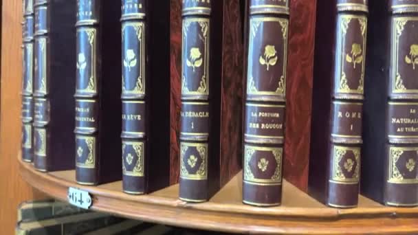 天井にちょうどラックの上に厚いシックな結合スタンドで図書館ストア内の棚に収集可能な本、ヒューゴ・モリエールや他の著者による本があります26.04.22パリフランス — ストック動画