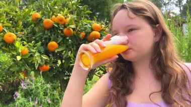 Kız mandalina ağacının arka planında portakal suyu içiyor. Portakal suyu mangosu olabilir. Açgözlülükle içiyor ve meyve suyunu her yerde seviyor.